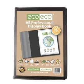 eco-eco A5 50% Recycled 60 Pocket Black Professional Business Display Book, Padded Portfolio Art Folder with Plastic Sleeves, eco144