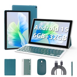 Android 15 Tablet 10 inch, 2 in 1 Tablets with Keyboard Case Mouse Stylus, 6GB RAM 32GB ROM 1TB Expand, Quad Core Processor Tablet, WiFi, BT, 1280x800 HD Screen, 6000mAh, Dual Camera, GMS, Widevine L1