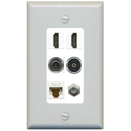 RiteAV 2 Port HDMI 1 Coax CAT6 3.5mm Toslink Jack Wall Plate - 1 Gang Decorative [Gray/White]