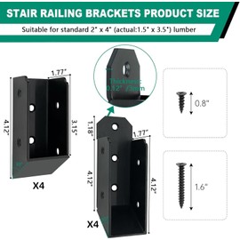VoTwoofv 4Pair Deck Railing Brackets Connectors, U-Shaped Concealed Brackets for 2"x4" (Actual 1.5"x3.5") Wood Post, 30 Degree Slant Brackets for Stair Fence Railings W/Hardware