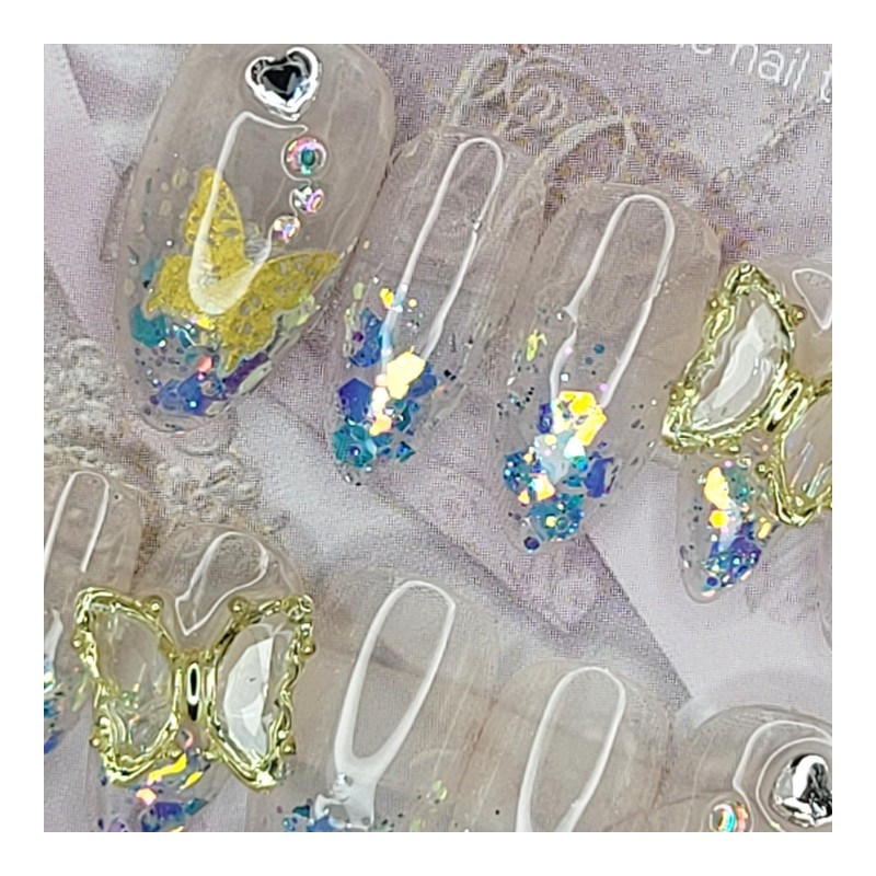 Sky Blue Butterfly Handmade Nail Tips - Coffin Egg /
