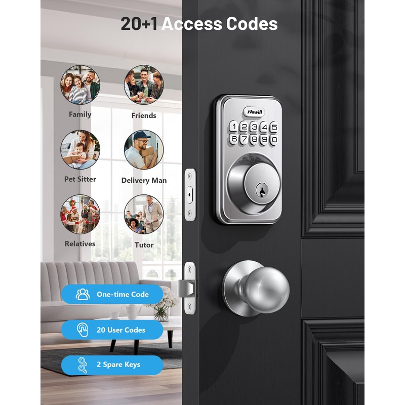 Keyless Entry Door Lock with 2 Knobs, Zowill DK01K Keypad
