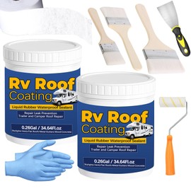 Qiveaory 0.52Gal/69.28Fl.oz Liquid Rubber Rv Roof Coating White Waterproof Sealant Camper Roof Repair Solar Reflective Wooden Brush Putty Knife Nitrile Gloves Paint Roller Drywall Repair Tape