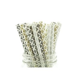 New Years Party Straws (25 Pack) - Black,Gold and Silver Damask Print Paper Straws, December Holiday Party Supplies, Straws with Vintage Retro Classic Damask Design, Winter Party Straws