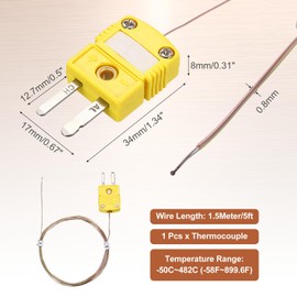 sourcing map K Type Thermocouple Mini Connector Temperature Probe Sensor, 5ft Measure Range -50C-482C for Thermometer, 0.8mm OD Wire