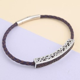 Unbranded 6.80ctw Rhodolite & Purple Braided Leather & Sterling Silver Bracelet 7.25"