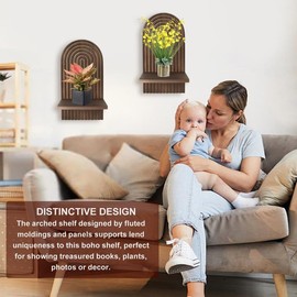 Les-Theresa 2Pcs Bohemian Wooden Wall Shelves, Hanging Shelf Boho Wall Decor Rainbow Wall Shelf, Boho Decor Floating Shelves Wood Wall Mount Book Shelf for Bedroom Small Plants Decor (Brown)