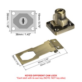 PATIKIL Keyed Hasp Locks, 2 Pack 3 Inch Twist Knob Locking Hasp Lock Metal Safety Hasp Latches for Cabinet Small Door, Keyed Different, Bronze