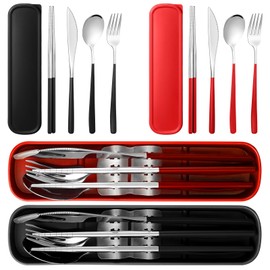 Kritkin 2 Sets Travel Cutlery Set 18/8 Stainless Steel Cutlery 6 Pcs Reusable Christmas Utensils Set with Case Portable Silverware Lunch Box for Camping School Office(Silver, Red, Black)