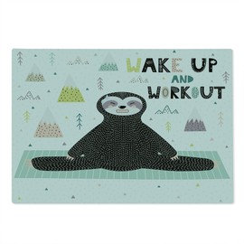 Ambesonne Funny Sloth Cutting Board, Wake up and Work out Lettering Morning Yoga Challenge Print, Decorative Tempered Glass Cutting and Serving Board, Large Size, Charcoal Grey Multicolor