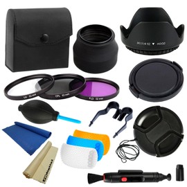 52mm Essential Lens Accessory Kit for NIKON DSLR D3200 D5200 D5100 D5000 D7100 D7000 D3100 D3000 D90 D80 **Includes** : 52mm Filter Kit (UV, CPL, FLD) + 52mm Tulip Flower Lens Hood + 52mm Collapsible Rubber Lens Hood + Hot-Shoe Flash Diffuser Set + Cente