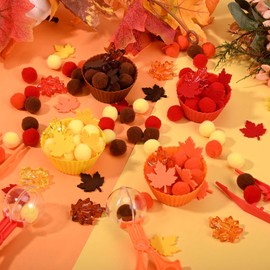 254Pcs Fall Sensory Bin Fillers Thanksgiving Fine Motor Toys Fall Thanksgiving Decorations Pompoms Maple Leaf Cups Tweezers Scissor Clips for Fall Early Education Sorting Counting Training Development