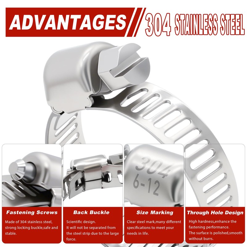 Brintek 202PCS Hose Clamp Assortment, 1/4”-2”(6-51mm) Adjustable Stainless Steel Worm