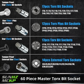 SUNHZMCKP 60 Piece Torx Bit Socket Set and External Torx Socket Set, Star T6-T70, E4-E24, TP8-TP60, TT6-TT70, 1/4", 3/8", 1/2" Drive, S2 Alloy Steel, High Torque Laser Marked for Automotive Mechanic