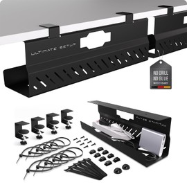 Under Desk Cable Management Tray no Drill – Wire Management - Cord Organizer – Huge Load Capacity – Under Desk Cable Tray no Drill (Black, 2 Pieces Set)