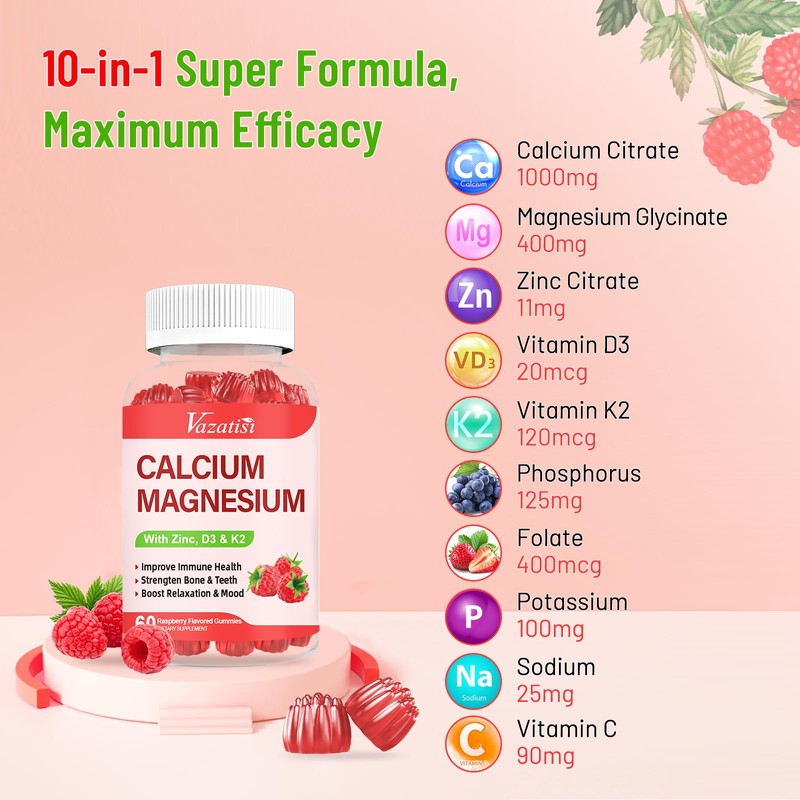 Calcium Magnesium Zinc Gummies with Vitamin D3 & K2, High