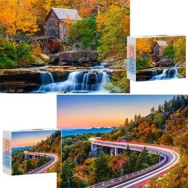 2 Pack 1000 Pieces for Jigsaw Puzzles for Adults, Fall Autumn Nature Landscape Scene Challenging Puzzle Perfect for Family Activity Game Nights Gifts(Glade Creek Gristmill & Blue Ridge Parkway)