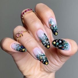 Star Rhinestones Charm Glue on Nails Green Marble Gradient Press on Nails Ballerina Long Almond False Nails Glossy Ombre Acrylic Stick on Nails for Women Girls