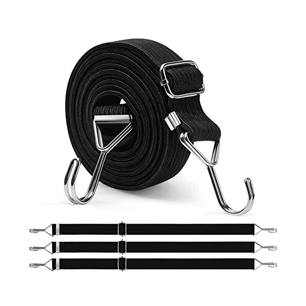 Newthinking 4Pack Adjustable Bungee Cords with Hooks, Heavy Duty Outdoor Elastic Bungee Straps, Set Flat Bungee Cords for Bicycles Camping Tent Luggage Fixings(Black, 2M)
