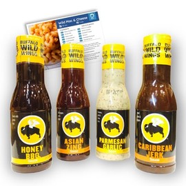 Buffalo Wild Wings Mild Variety Pack (Honey BBQ, Asian Zing, Parmesan Garlic and Caribbean Jerk - 12 Ounces Bottles 1 Each) Bundled with Olbos Recipe Card