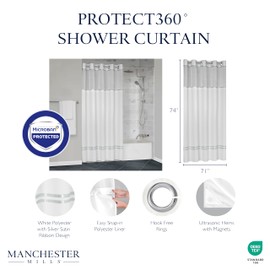 Manchester Mills Protect360° Satin Silver Ribbon Hook Free Shower Curtain - Microban Product Protection, Water Repellent, Snap-On Liner, Hems with Magnets, 72"X72", White