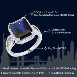 Gem Stone King 5.00 Cttw Blue Simulated Sapphire Ring For Women In 925 Sterling Silver | 12X10MM Emerald Cut | Available In Size 5, 6, 7, 8, 9