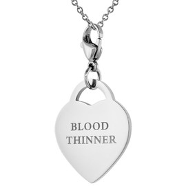 Sabrina Silver Stainless Steel Blood THINNER Medical Alert ID Tag with Lobster Clasp Heart Shape 7/8 inch