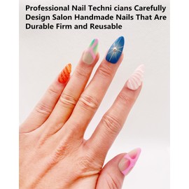 CAMILCY Press on Nails Handmade Nails Luxury Reusable Fake Nails For Girls Short Almond Armor Colorful Blue Diamonds HandPainted Salon Loveful Design Acrylic Gel UV Finished For Women 3D Nails 10PCS M