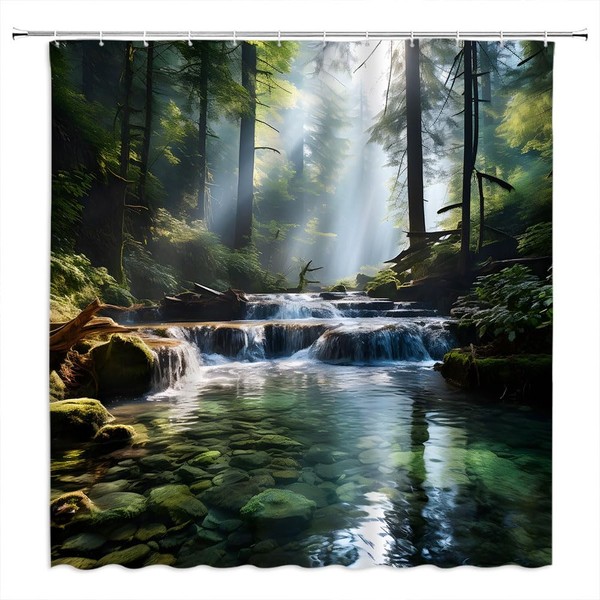 VPUPCN Misty Forest Shower Curtain Waterfall Green Tree Tropical Rainforest