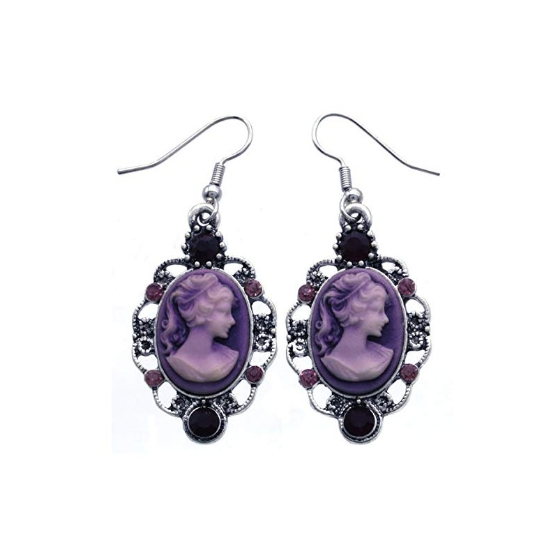 Purple Cameo Dangle Drop Earrings Fashion Jewelry