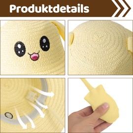 Harilla Women's Straw Hat with Ears, Summer Beach Hat, Straw Hat with Wide Brim, Foldable Summer Hat, UV Protection with Movable Ears, Portable Fishing Hat for Outdoor, Travel, Holiday, yellow