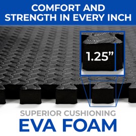 Puzzle Exercise Mat 1.25 in, EVA Interlocking Foam Floor Tiles for Home Gym, Mat for Home Workout Equipment, Floor Padding for Kids, Black, 24 in x 24 in x 1.25 in, 24 Sq Ft - 6 Tiles