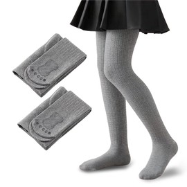 Sahunfri 2 Pairs Grey School Tights - Non-Slip Opaque Tights for Girls' School Uniform, 3-12 Years