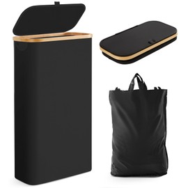 Slim Laundry Hamper with Lid by Fiona's magic, 63L Narrow Laundry Basket with Removable Bag, Black Collapsible Dirty Clothes Basket, Thin Tall Storage Basket for Bathroom, Bedroom