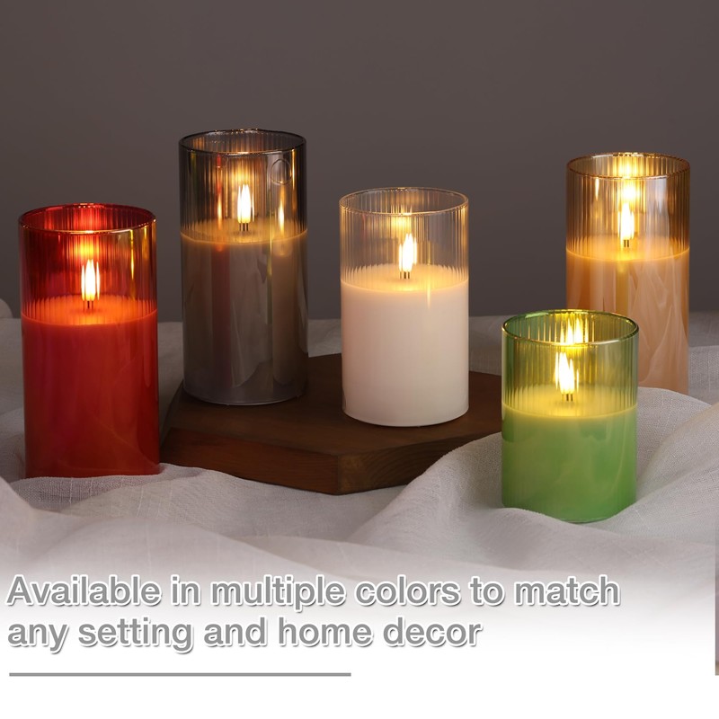 Eywamage Smoke Grey Glass Flameless Candles with Remote, Ribbed LED