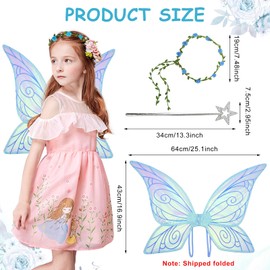 Fairy Wings Children, Pack of 3 Fairy Costume Women, Fairy Wings Adults, Butterfly Wings Children, Fairy Wings Girls with Flower Wreath & Wand for Carnival, Birthday, Cosplay Party (Blue)