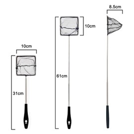 Aquarium fish net with telescopic stainless steel handle for catching small fish, shrimps and cleaning the aquarium, upgraded - 10 cm, retractable 31-61 cm Black
