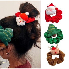 Christmas Hair Scrunchies Silk Hair Ties Santa Claus Christmas Tree Elk Hair Bands Soft Velvet Christmas Hair Accessories Xmas Ponytail Holders for Women (3PCS)