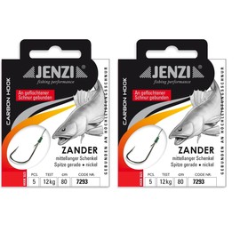 Set of 2 packs of Jenzi tied zander hooks (10 pieces) on braided cord, 80 cm zander leader mounted hook size, 1, 1/0, 2, or 4 + free Petri Heill! sticker (hook size 4)