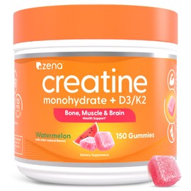 Zena Nutrition Creatine Gummies with D3 & K2, Creatine Monohydrate for Men and Women, Supports Bone, Muscle, & Cognitive Health, Gummy Workout Supplement, Watermelon Flavor, 150ct, 30 Daily Servings
