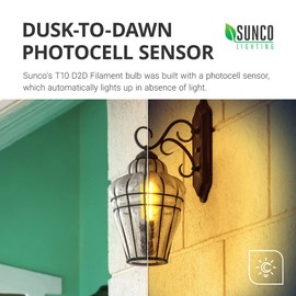 Sunco Lighting 6 Pack 5W=40W Dusk to Dawn Outdoor T10 Light Tubular LED Bulbs, CRI90 2700K Soft White E26 Base, 450 Lumens, Vintage Filament, Waterproof, Outdoor Decorative UL