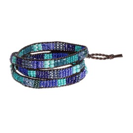 NOVICA Artisan Handmade Glass Bead Wrap Bracelet Blue Sea Green Beaded with Leather Trim Reconstituted Turquoise Or Teal Patterned Guatemala Bohemian Woven [21 in min L x 22.5 in max L x 0.4 in W]