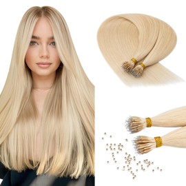Benehair Nano Tip Hair Extensions Real Human Hair Invisible #613 Bleach Blonde Nano Beads & Nano Ring Hair Extensions Straight Soft 50 Strands