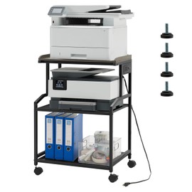 Lauren&Harold 34'' Printer Stand with Storage 3-Tier Printer Table with Power Outlets and USB Ports, Rolling Printer Cart with Adjustable Shelf, Large Black Printer Stand with Wheels for Home Office
