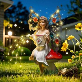 Cinnvoice 9. 8'' H Fairies Garden Figurines Garden Accessories Butterfly Wing Fairy Figurine Mushroom Decor Solar Luminous Watering Can Resin Statue for Outdoor Indoor Patio Yard Home Decorations