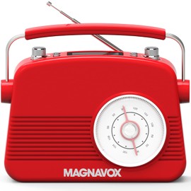 Magnavox Retro Dual Alarm Clock FM Radio - Bluetooth Wireless Technology, LCD Display, Snooze & Sleep Timer - Ideal for Home, Bedroom & Office (Red)