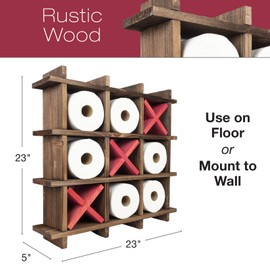 EXCELLO GLOBAL PRODUCTS Rustic Wooden Toilet Paper Holder: Tic Tac Toe Design for Wall Mounted or Freestanding Bathroom Tissue Roll Storage Organizer