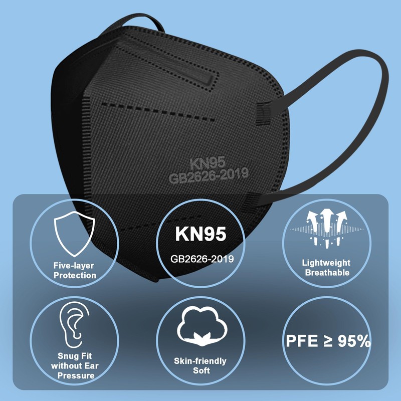 VERNASSA Black KN95 Face Masks 50 Pack, 5-Layer Disposable Masks