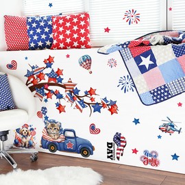 Independence Day Wall Stickers Decor Removable 4th of July Patriotic Wall Decals 3D Self-Adhesive Star Tree Cute Cat Dog American Flag Stickers for Home Room Office Memorial Day Wall Decor 2 Sheets