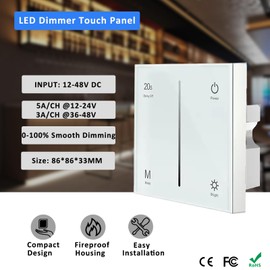 JOYLIT 12-48V LED Dimmer 2CH X 5A/CH, in Wall Touch Screen Dimmer Switch 20S Delays Off Controller, Brightness Dimming Switch for Single Color LED Strip, Compatible with 86 Size Base